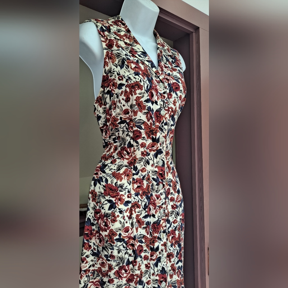 1990s JONATHAN MARTIN Off-White Floral Sundress Fitted Tie Back Tank Maxi Dress - Picture 11 of 16